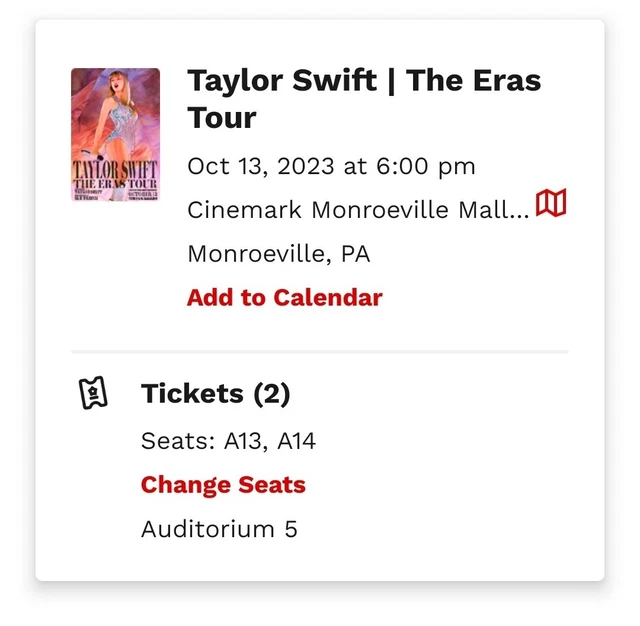 2 CINEMARK MONROEVILLE PA Taylor Swift Eras Tour Movie Tickets XD 10/13