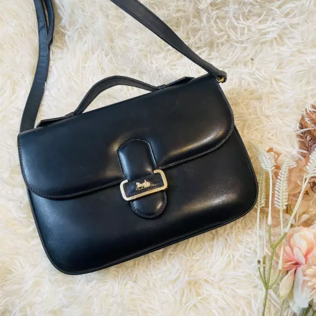 CELINE Black Carriage Hardware Leather Vintage 2way Shoulder Bag From Japan