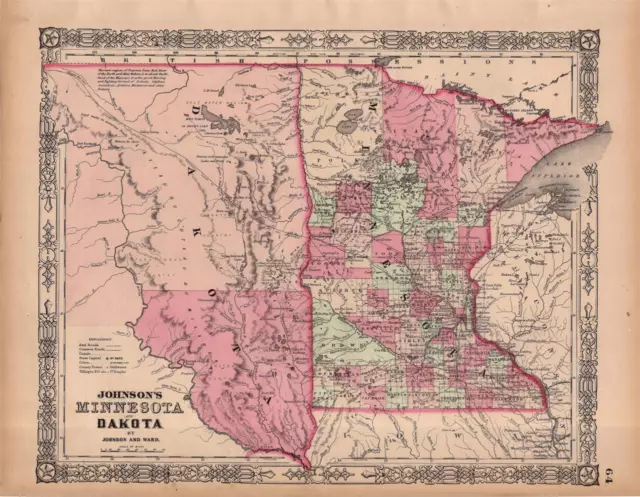 1864 Antique Johnson Atlas Map Of Minnesota & Dakota-Hand Colored