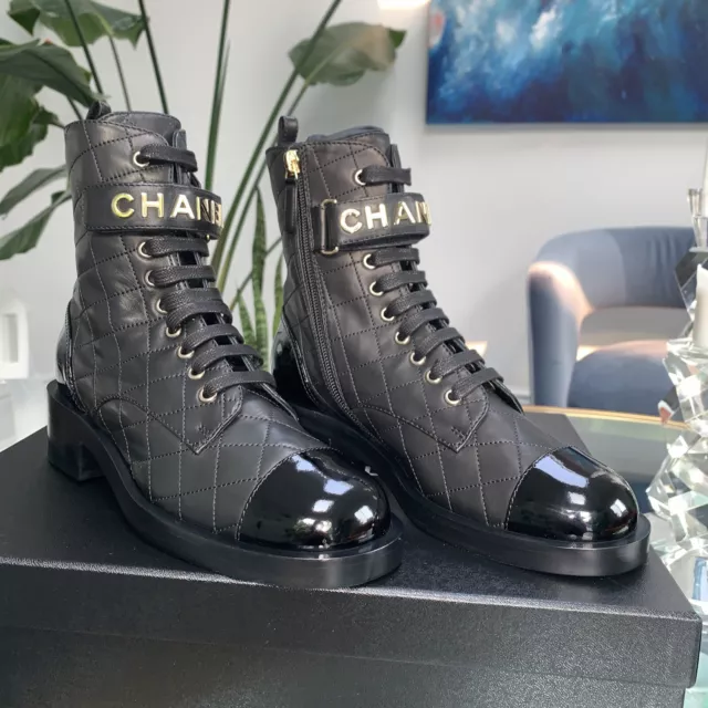 Chanel 23A black leather logo detailed biker boots