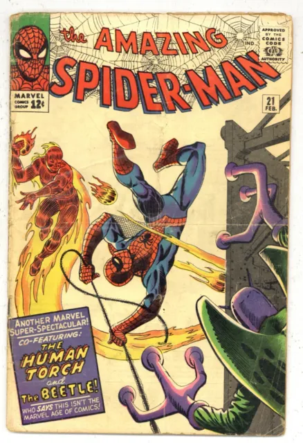 Amazing Spider-Man 21 G- Ditko Spidey pin-up! 2nd Beetle! HUMAN TORCH! 1965 R118