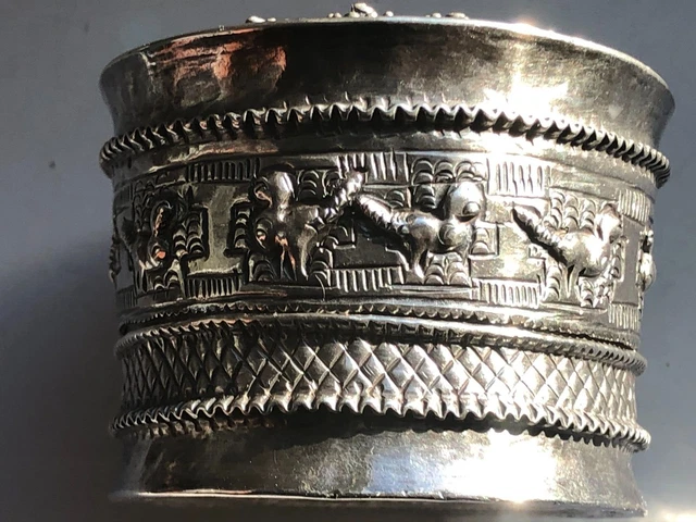Antique Burmese Betel Nut Box Silver Repousse Floral and Zodiac Design