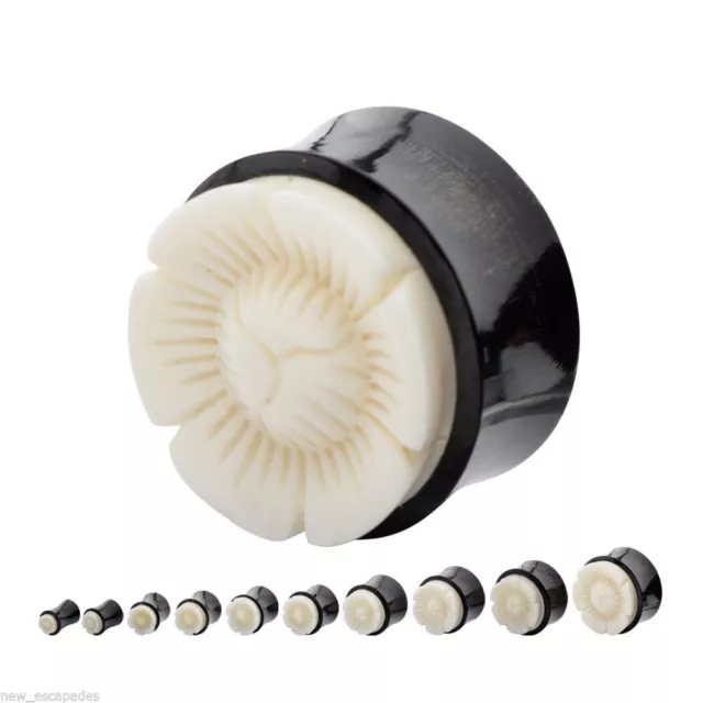PAIR-Horn w/Carved Bone Flower Saddle Flare Ear Plugs 10mm/00 Gauge Body Jewelry