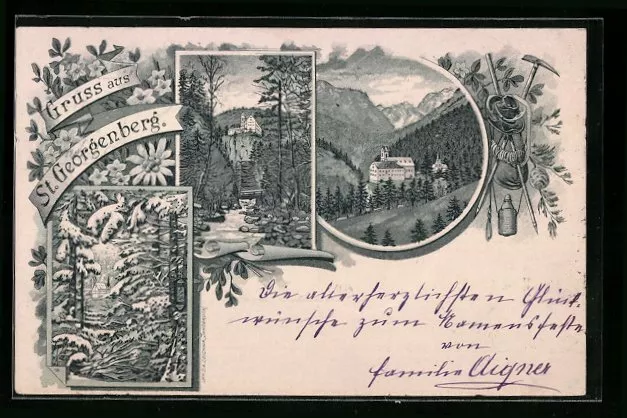 Ansichtskarte Schwaz, Kloster St. Georgenberg im Sommer und Winter 1898