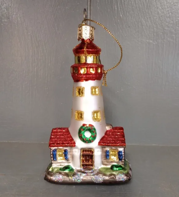 Old World Christmas Lighthouse Ornament OWC Glass Glitter Beach Shore Ocean