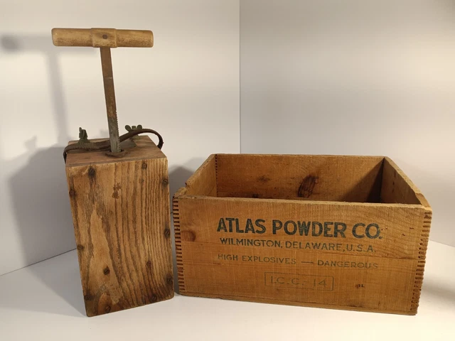 Atlas Dynamite Blasting Plunger Machine No. 3-30 with Explosives Wooden Box