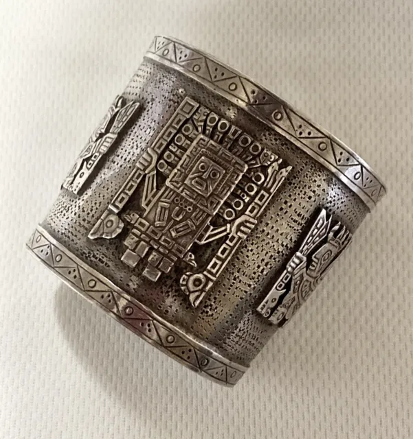 PERU INCA GOD Cuff Bracelet 2.25 Wide VIRACOCHA 74g Sterling Silver Signed 6.5”