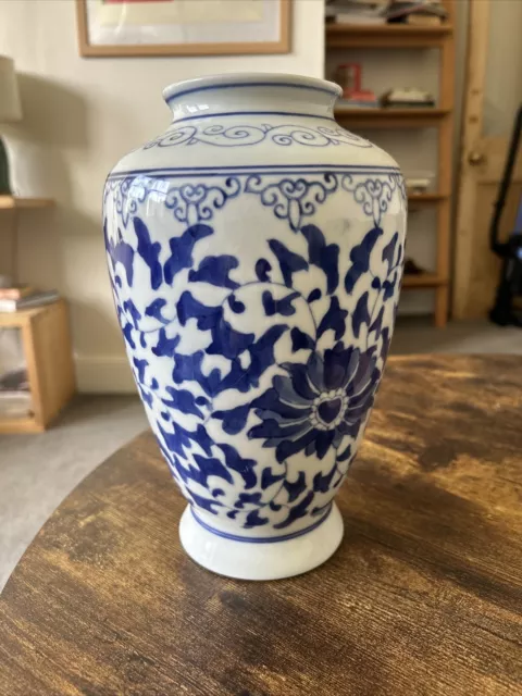 Blue And White Ginger Jar Ceramic Hand Painted Vintage Antique French Large Tall