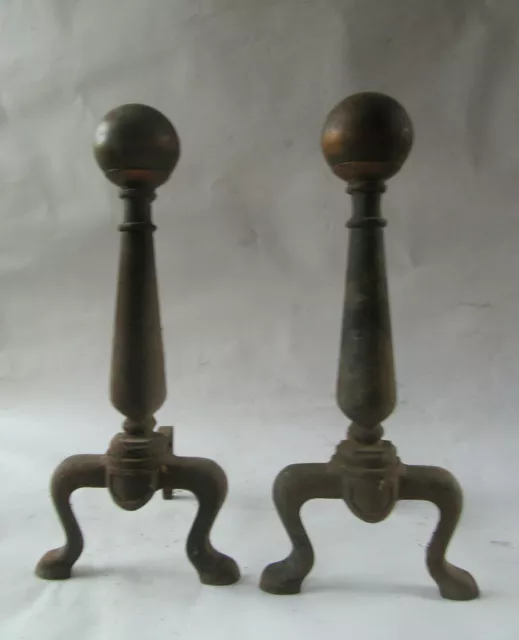 Vintage Antique Cast Iron Brass? Copper? Cannon Ball Andirons Fire Place Dogs