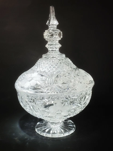 VTG American Brilliant Cut Crystal Pedestal Candy Dish Bowl Lid Finnial ABCG 11"