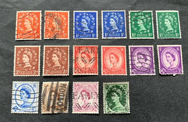 UK Great Britain 1952-1967 - 16 used stamps QEII Queen Elizabeth II.