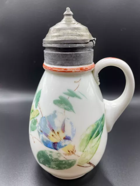 Antique Milk Glass Syrup Pitcher Jug Hand Painted Hinged Pewter Lid Dated 1881