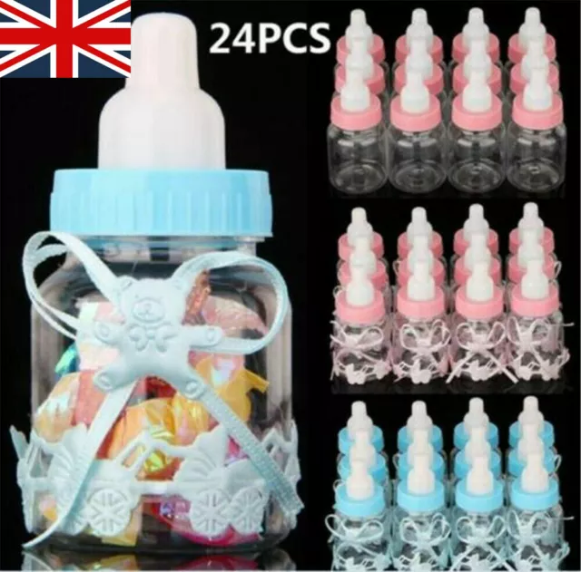 24X Fillable Bottles Candy Box Baby Shower Baptism Party Favour Christening UK