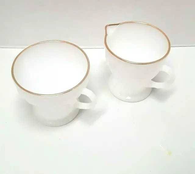 Anchor Hocking Fire King Cream Sugar Swirl Milk Glass Gold Rim