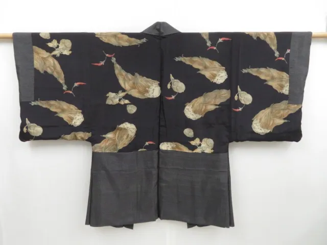3410T07z400 Vintage Japanese Kimono Silk Men's HAORI Bamboo Shoots Dark gray