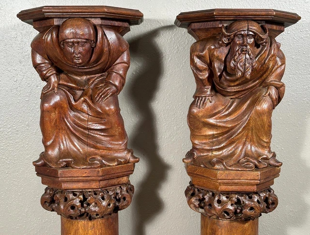 Pair 48" Antique French Gothic Revival Oak Wood Display Pedestals/Plant Stands