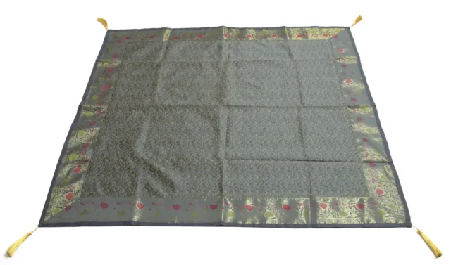 39 Gray Indian Banarasi Silk Brocade Paisley Table Top Cover Dining Decor Cloth