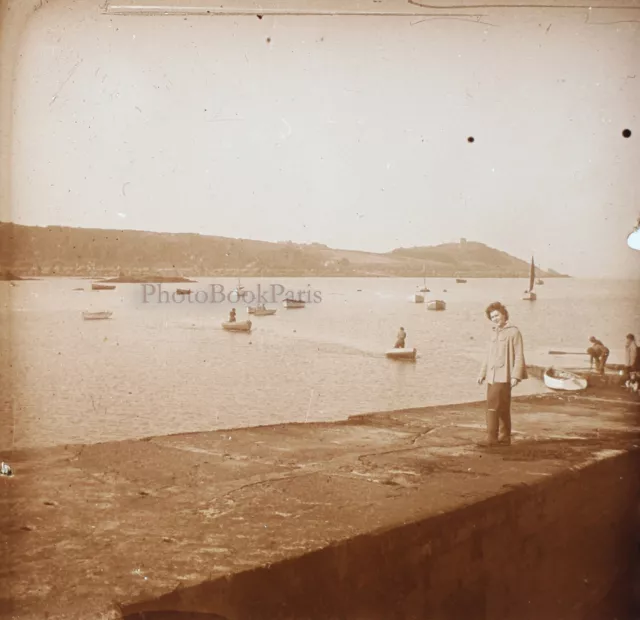 La Mer Barques c1930 Photo Stereo Plaque de Verre Vintage V39nL17