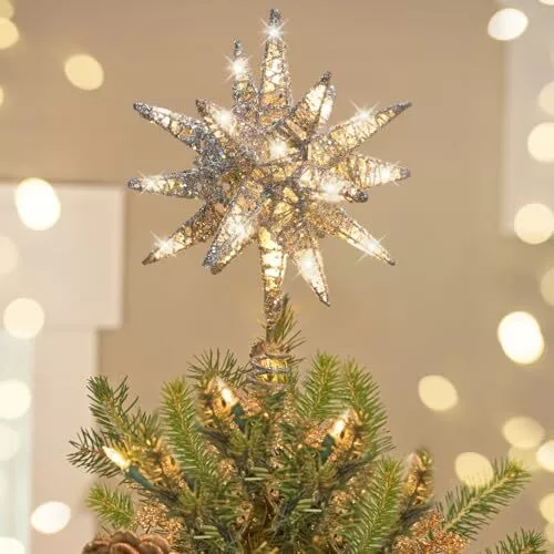 Christmas Tree Topper, 3D Star Lighted Tree A-plug in Tree Topper Silver