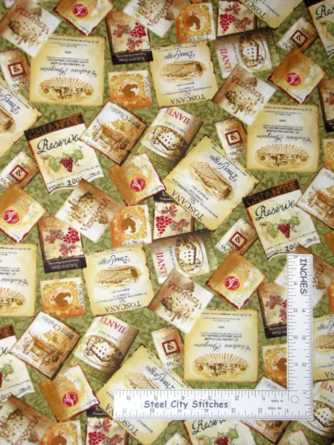 Tuscan Delight Wine Labels Green Cotton Fabric #90504 Wilmington By The Yard