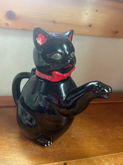 Vintage Black Ceramic Kitty Cat w Red Neck Bow & Green Eyes Milk Pitcher –