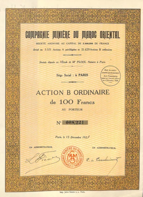 Compagnie Miniere Du Maroc Oriental Scripophilie Action