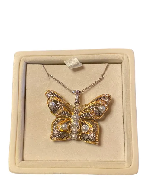 Lenox Sterling Silver 925 Crystal Butterfly Pendant Necklace With Glass Gift Box