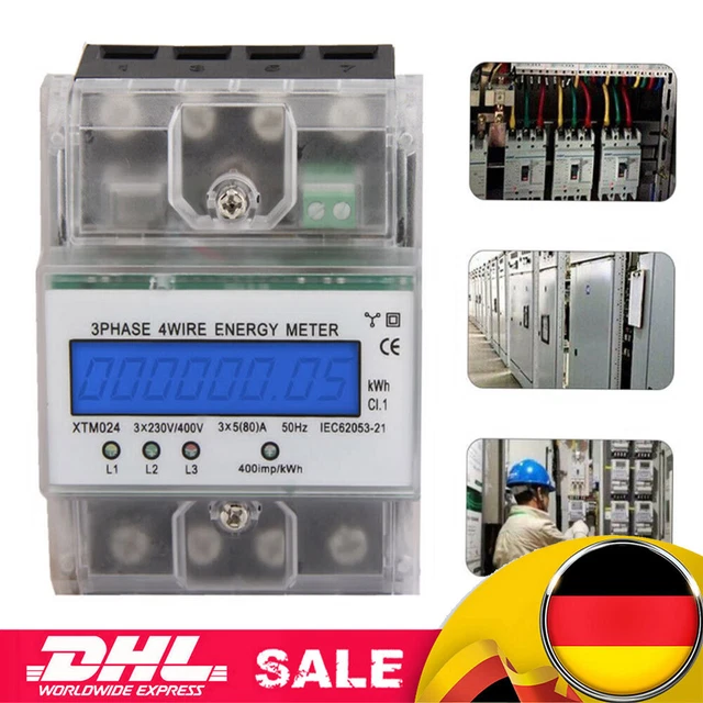 L-home Digitaler Stromzähler 3-Phasen 100A - LCD Display DIN Hutschiene