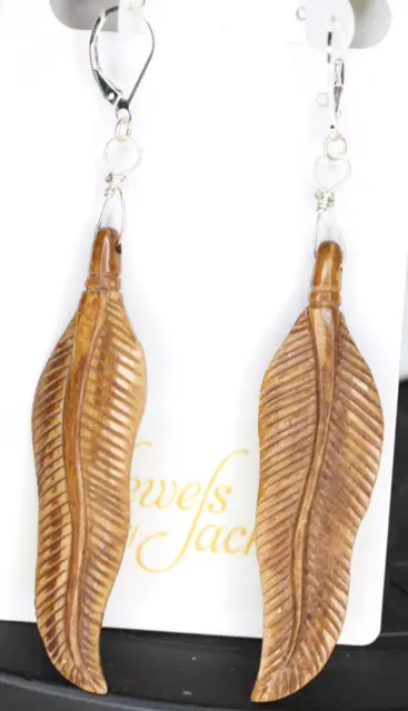 Bone Hand Carved Feather Brown .925 Sterling Silver Leverback Earrings 3 1/2"