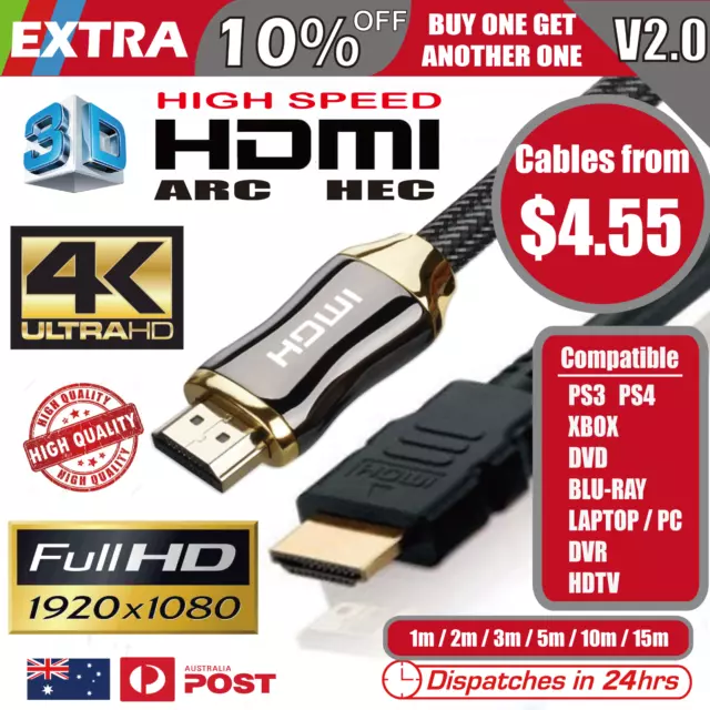 Premium HDMI Cable V2.0 4K Ultra HD 3D High Speed Ethernet 1m 2m 3m 5m 10m 15m