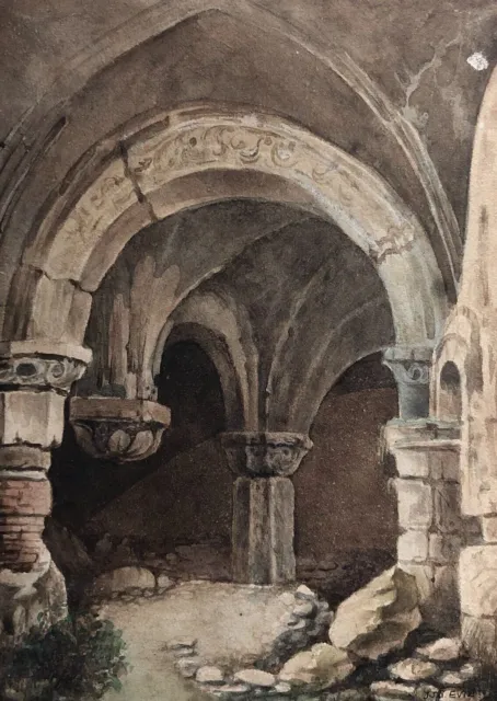Acuarela antigua, bóvedas románicas, firma para identificar, dibujo,...