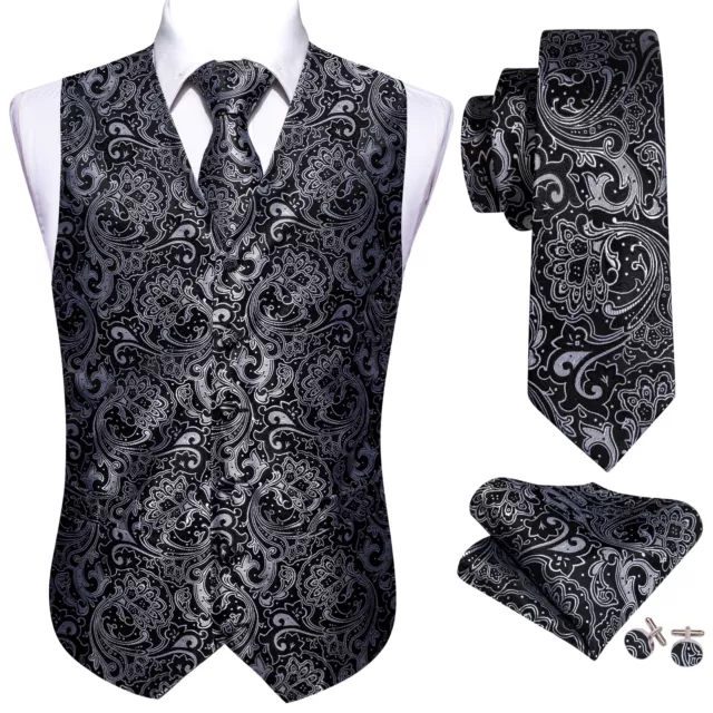 Black & Grey Silk Mens Waistcoat Sleeveless Vest Tie Set Wedding Formal Work Top