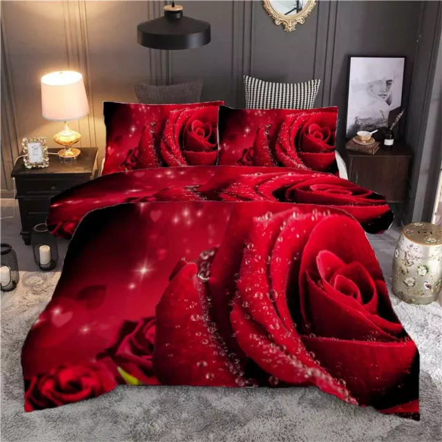 There Are Dewdrops On Red Roses 3D Quilt Duvet Doona Cover Set Pillow case Print