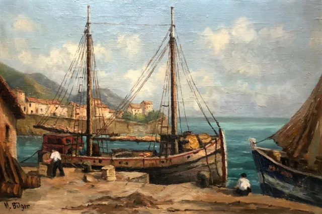 Tableau Signé Marcel Bilger, Port Vendres, Huile Sur Toile, Peinture, XXe