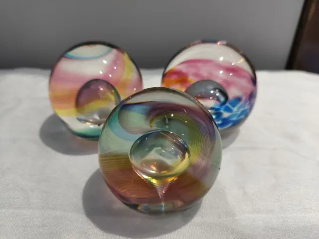 Set of 3 Rainbow Multi Coloured Glass Bubble Round Paperweights