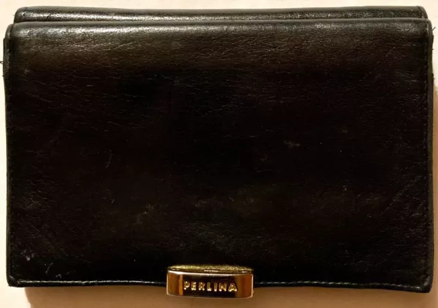 Perlina New York Vint Black Leather Bifold Womens Wallet W/Multiple Compartments