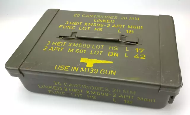 Vietnam Era 25 Cartridge 20MM Military EMPTY Ammunition Ammo Box for M139 20 MM