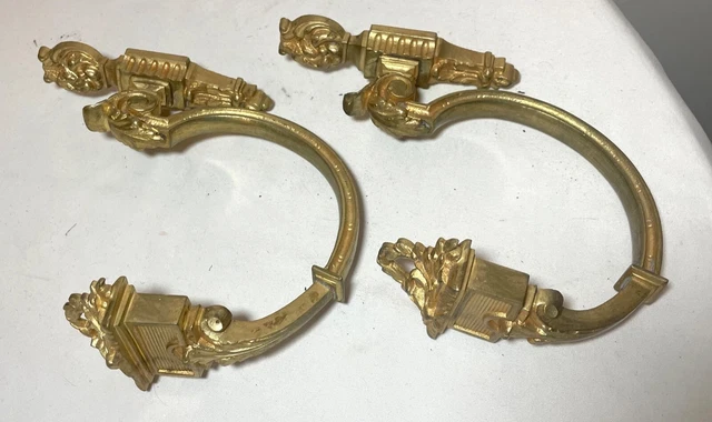 antique ornate Victorian gold dore bronze curtain rod holder tiebacks brackets