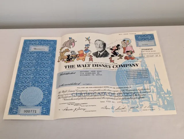 Stock Certificate Walt Disney 1992 Original 2 Shares for Collectors