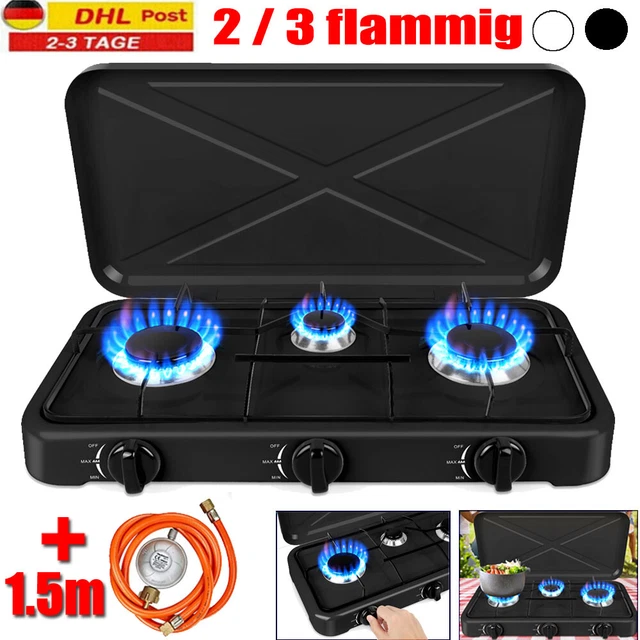 Outdoor Transportabler Camping Gaskocher 2 3 flammig Schwarz +1.5m Schlauch Set