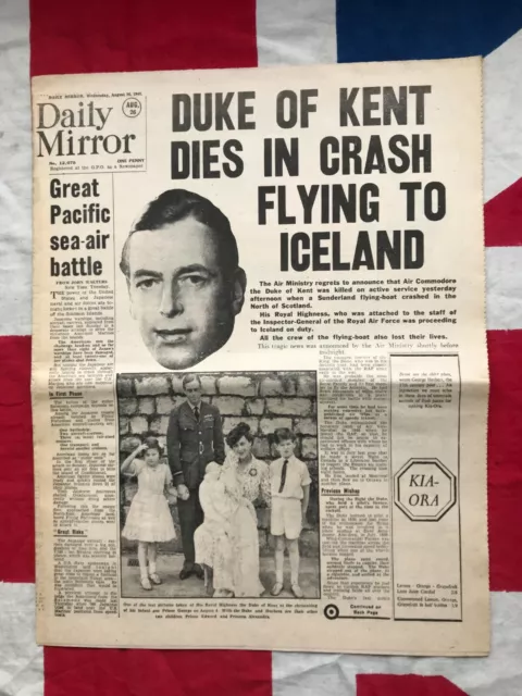 WW2 Newspaper COPY 1942 Duke of Kent Dies in Crash Pacific Sea Air Battle