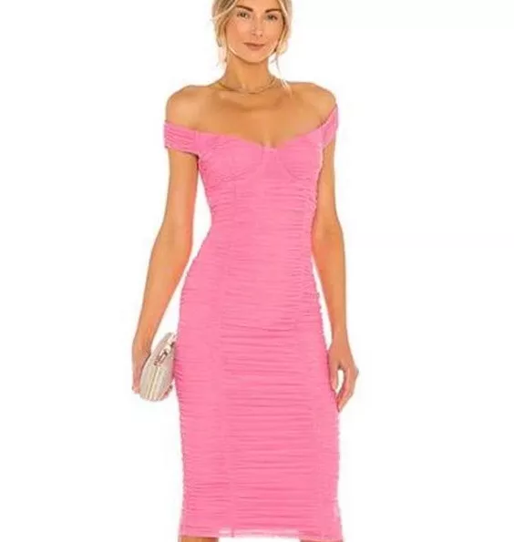 NWT Majorelle Revolve Tabitha Ruched MIDI Dress In Bubblegum Pink. Size Small.