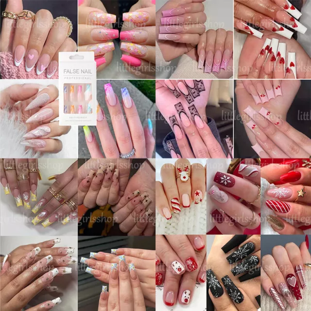 24Pcs Wearable Fake Nails Christmas Design Press On Long Cover Coffin False 》