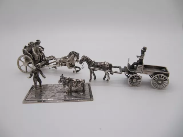 3 DUTCH VTG Sterling SILVER MINIATURE STATUES  Horse and Cart, Farmer and Bull