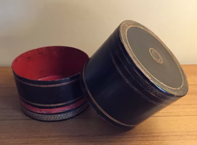 Antique Burmese Black & Red Lacquer Round Betel Box