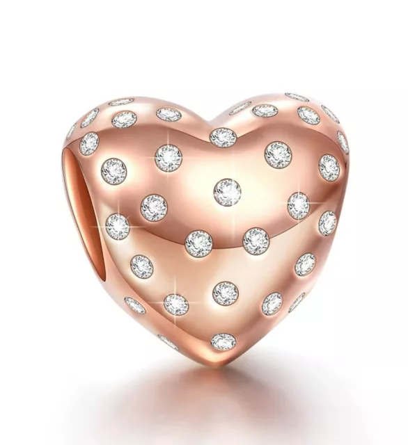 Hope Heart" 925 Sterling Silver Rose Gold White AAA CZ Openwork Bead Charms