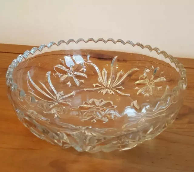 Heavy Cut Glass Round Shaped Bowl with Wavy Edge 8.5"Diameter