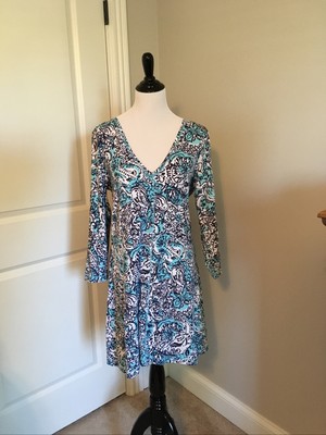 lilly pulitzer blue/white/aqua Juliet t-shirt dress 3/4 sleeves v-neck Xlarge