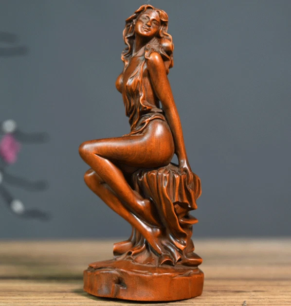 GY031-  15 CM Tall  Boxwood Carving Figurine - Geisha Woman Lady Girl Statue