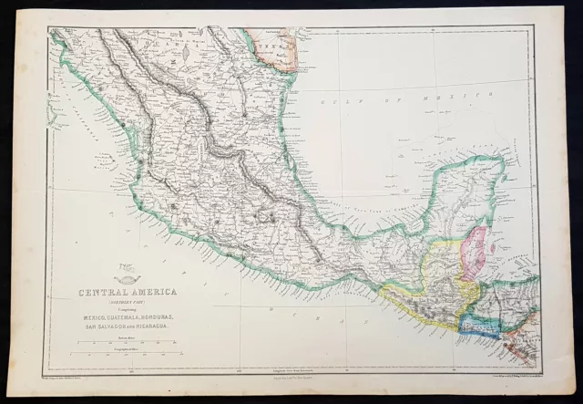 1860 Edward Weller Large Antique Map Central America Mexico, Guatemala, Honduras